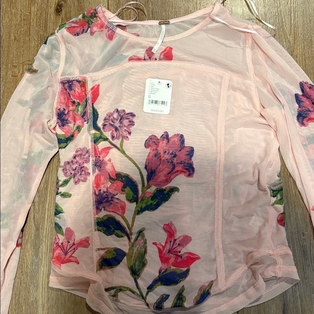 NWT free people women’s pink long sleeve shirt top mesh floral medium - Picture 2 of 4